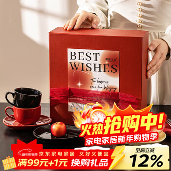 Modern housewife coffee cup and saucer set high-end exquisite water cup women moving to a new home new marriage new year gift moon white coffee cup and saucer set gift box-red and black