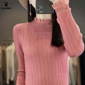 Playboy (playboy) lace bottoming shirt for women 2026 autumn and winter new style half turtleneck long-sleeved pullover with fashionable knitted sweater official flagship rose pink s 80-90 pounds