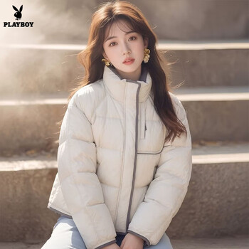 Playboy (playboy) contrast color winter short down jacket thickened 2026 versatile new stand collar small duck down warm jacket official flagship off-white down jacket s