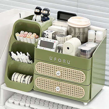 Fantasy storage box drawer-type sundries storage rack pen holder stationery box milk white storage box + transparent bookend thickening no odor