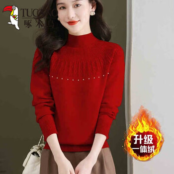 Woodpecker (tucano) velvet sweater for women in autumn and winter new style thickened bottoming half turtleneck sweater with one-piece velvet top western style knitted sweater red s recommended 80-95 pounds