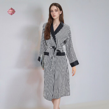 Victoria palace silk nightgown women's luxurious black and white striped 100% silk comfortable and simple can be weared outside home clothes dressing robe black and white striped xl