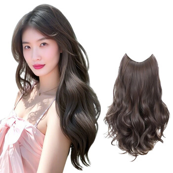 Mu ding ding wig piece for women with long curly hair one piece invisible seamless v-shaped artificial hair to increase the volume of fluffy high-level hair extensions, large atmosphere, brown and black -60cm, black series