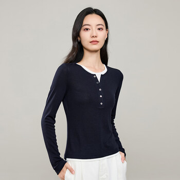Yiyang (ese-y) lyocell v-neck fake two-piece t-shirt for women 26 spring new skin-friendly soft waxy high-end versatile long-sleeved top navy xl