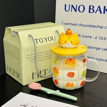 Yusenyi cute high temperature glass cup with lid spoon high-looking mug as a birthday gift for girls tea cup gift boxed orange cat glass cup + spoon