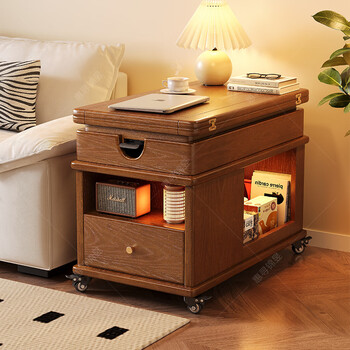 Huixun solid wood lifting coffee table, removable folding tea table, multi-functional trolley side cabinet, small living room sofa side table, fas grade rubber wood, no veneer, walnut color # foldable lifting/complete 70cm*40cm*57cm