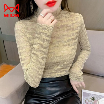 Miiow velvet autumn and winter new high-neck thin lace bottoming shirt for women, fashionable shirt, long-sleeved mesh top, trendy khaki thin s, recommended 85-99 pounds