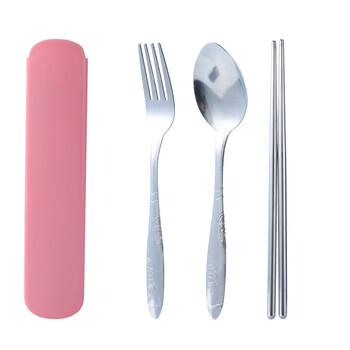 Huaguang (hg) quality same style chopsticks spoon fork set portable tableware three-piece stainless steel brigade pink 1 set