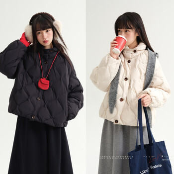 Le bemio line drawing workshop, fine snow by the fireside, waterproof technology, small lapel, loose cloud puff down jacket, beige pre-sale xs