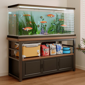 Fantasy fish tank shelf floor-standing multi-layer storage display cabinet living room low table base place cabinet multi-layer storage cabinet yellow shirt wood color + warm white cabinet door three-layer length 80 width 40 (blister cabinet door