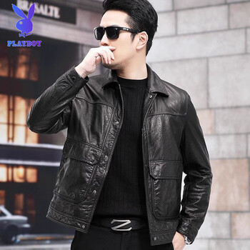Playboy (playboy) new haining genuine leather jacket for men, genuine first-layer cowhide oil-waxed leather jacket, men's removable down liner, black thin section xl 175 recommended 125-140 pounds