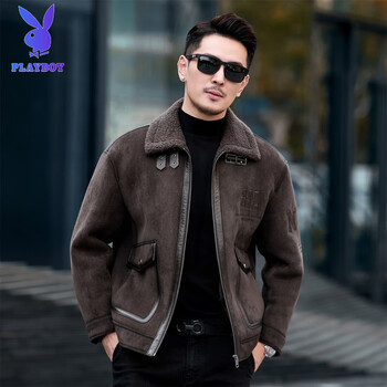 Playboy (playboy) winter new fur one-piece lamb fur jacket men's hooded shearling jacket thickened fur jacket trend gray xl 120-135 pounds