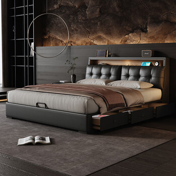 Mousse italian minimalist leather bed modern simple double master bedroom solid wood drawer storage soft leather bed 2026 new style bogen cowhide + 10cm steel wood row frame single bed 1500mm*2000mm x frame structure