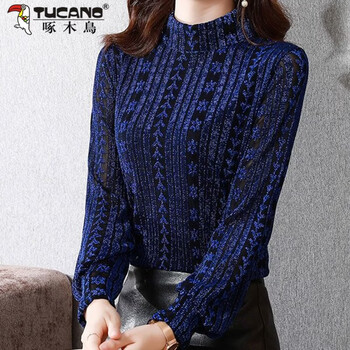 Woodpecker thickened velvet long-sleeved t-shirt for women, autumn and winter 2025 new style half turtleneck style shirt with bottoming top, blue regular m, recommended 85-100 pounds