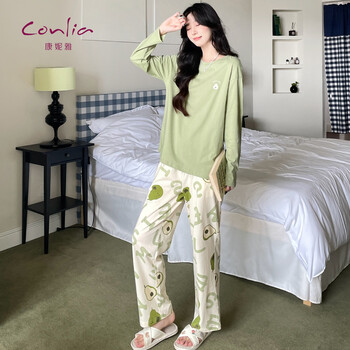 Konya 2026 new spring pure cotton wearable pajamas women's long-sleeved trousers can be worn outside home clothes round neck suit light green m