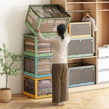Fantasy transparent storage box stackable clothing storage box book storage box folds in the wardrobe in three seconds. three doors + brown blue. can be stacked/folded in three seconds/with pulleys. extra large size. length 66x width 47x height 37cm.