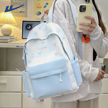 Pull-back schoolbag for middle and high school students, large capacity, good looks, multi-compartments, casual, lightweight, korean style, cute college backpack, light blue