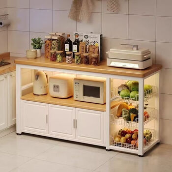 Yong huan's new kitchen rack, multi-functional vegetable basket, vegetable cutting workbench, wall-mounted integrated microwave oven, narrow side cabinet, mesh basket + cabinet door, yellow fir color 80x35x80