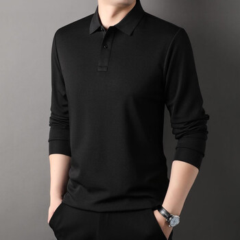 Magiopy international high-end brand spring and autumn mulberry silk pique cotton polo shirt men's lapel long-sleeved t-shirt american casual black s 165
