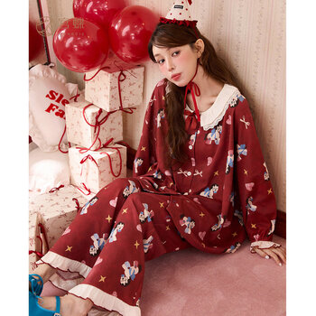 Gongdie gift box red pajamas for women long-sleeved pure cotton cartoon newlyweds wedding home wear set lucky pony red suit m (recommended 80-100 pounds)