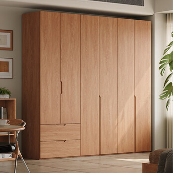 Jianmu spot oak solid wood wardrobe modern simple storage cabinet home bedroom log style foshan wardrobe cabinet 2.4 meters six-door wardrobe 2.4 meters high enf maternal and child grade environmentally friendly antibacterial oak