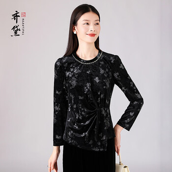 Quedit chinese style gold velvet top for women 2026 spring and summer new long-sleeved inner bottoming shirt retro age-reducing mother's shirt black mist flower 3xl recommended 120-130 catties