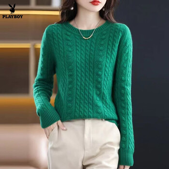 Playboy (playboy) knitted sweater women's round neck sweater twisted loose knitted sweater pullover thickened bottoming fleece sweater autumn and winter new style official flagship green m recommended 90-100 jin