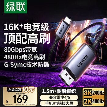 Greenlink type-c to dp2.1/1.4 thunderbolt 4/5 cable usb-c converter 16k hd 2k480/300hz high brush cable apple notebook external monitor 1.5m