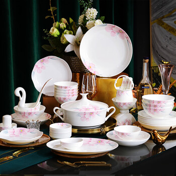 Guoyue bone china bowls and plates, household tableware set, underglaze color, jingdezhen ceramic bowls and chopsticks, chinese flower housewarming gift, 72 pieces of ink dyed flowers, underglaze color | luggage version