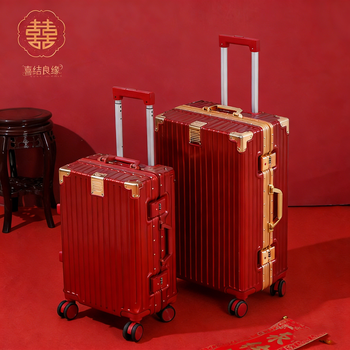 F wedding suitcase, dowry box, red box, trolley box, female suitcase, coded dowry box, 24-inch wedding box, festive red, gold frame, upgraded aluminum frame, 28 inches
