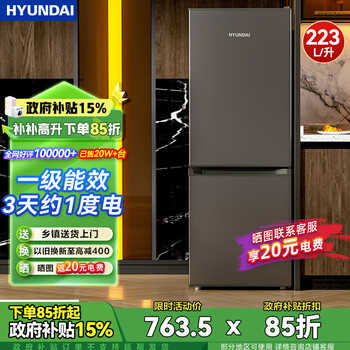 Hyundai (korean hyundai) large capacity double door refrigerator household medium small refrigerator freezer refrigerator rental dormitory energy saving 223l gray first class energy efficiency + daily sales over 100