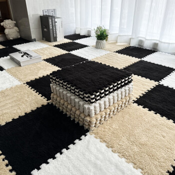 Fantasy removable and washable room carpet, thickened soundproofing, anti-fall floor mat for the elderly and children, winter warmth, cuttable bedside, white + black + apricot, 30x30x1.0cm thick, 18 pieces