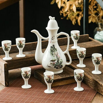 Fantasy goblet ceramic wine set set wine pot wine glass wine cup chinese antique wine set wine pot ancient old-fashioned li bai doujiu 9-piece set straight cup