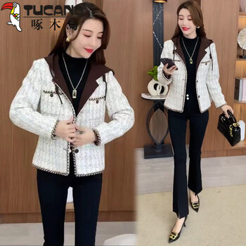 Woodpecker (tucano) small fragrant jacket for women 2026 spring, autumn and winter new style foreign style hooded age-reducing plaid top off-white m (85-95 pounds)