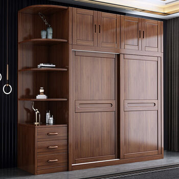Fantasy sliding wardrobe bedroom small apartment storage cabinet wardrobe sliding two-door wardrobe walnut wood assembly