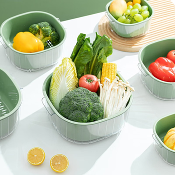 Sungsa double-layered vegetable sink drain basket kitchen household plastic fruit plate living room sink water filter vegetable basket washing vegetable basket green 2 pieces small size