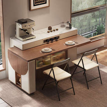 Yusenyi small apartment rotating guide retractable folding dining table and sideboard integrated home 1 meter rock slab island + 1.2 meter rock slab dining table tea style