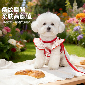 Miki pad puppy leash vest type small dog walking rope dog chain puppy chest back pet dog harness dog leash red and white stripes (chest back + 1.5 meter leash) xs (recommended for 3-5 catties dogs)