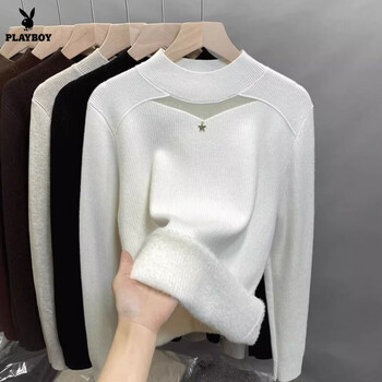 Playboy (playboy) all-in-one velvet lace half-turtleneck sweater for women plus velvet thick bottoming shirt autumn and winter new sweater warm inner top official flagship white fine mesh all-in-one velvet m 95-105 catties