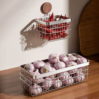 Fantasy stainless steel walnut storage basket kitchen ginger garlic seasoning jar storage basket antique style wall hanging basket countertop dual use single layer large hanging basket