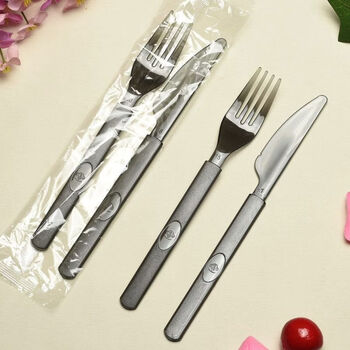 He jiagong's disposable takeaway stand-alone black translucent long-handled thickened knife spoon spoon fruit salad plastic fork knife + fork set 1,000 sets