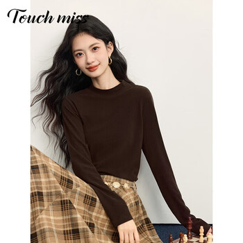 Touchmiss warm brushed knitted t-shirt long-sleeved women's autumn and winter new basic inner long-sleeved half turtleneck bottoming shirt coffee color s