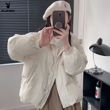 Playboy (playboy) down jacket korean version for small people 2026 winter new style short hooded loose thickened bread duck down jacket official flagship off-white s 80 catties-120 catties