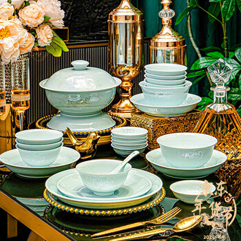 Manyuan jingdezhen 2026 new high-temperature underglaze color high-temperature celadon bowl and dish set kaolin high-end household housewarming gift celadon rich flower 10-person configuration 58-piece set