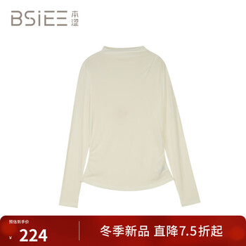 Bsiee 2025 winter new style simple solid color slim fit relaxed half turtleneck long-sleeved pleated bottoming shirt off-white m