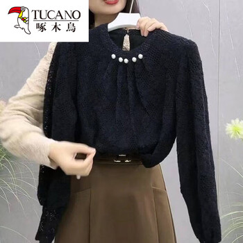 Woodpecker (tucano) designed bottoming shirt for women with pearls and velvet thickening, fashionable and age-reducing versatile warm top for autumn and winter, black original l, recommended 85-110 pounds