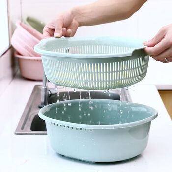 Yusenyi vegetable basket double-layer vegetable washing basket large dripping basket kitchen plastic hollow draining rice multi-purpose draining basket set nordic powder