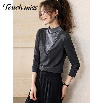 Touchmiss contrast half turtle collar fake two-piece bottoming shirt winter new style velvet feel warm and comfortable t-shirt long sleeve women gray s