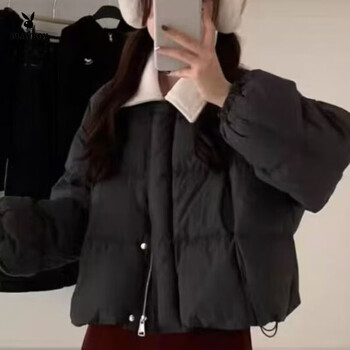 Playboy (playboy) winter women's down jacket 2026 corduroy new small short loose warm duck down contrast color jacket official flagship pure black - down style one size