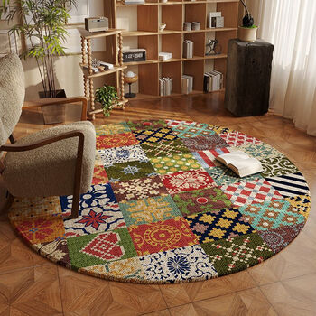 Fantasy ethnic style round living room carpet, american bedroom bedside foot rug, leisure floor mat, study room and tea room foot mat, american splicing + round diameter 100cm, exquisite crystal velvet